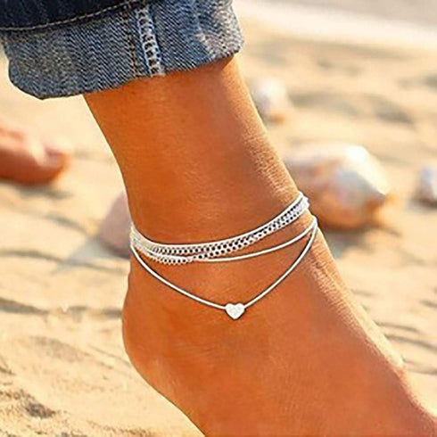 Boho Layered Anklets Silver Love Ankle Bracelets Chain Heart Beach Foot Accessory Jewelry for Women...