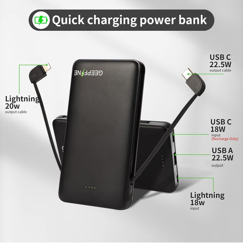 GEEPFINE Portable Charger with Built in Cable Fast Charging Power Bank 10000mah with Cables PD20W QC22.5W External Battery Portable Cable attched ...