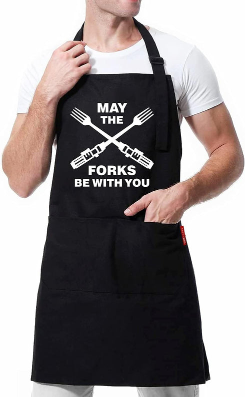 Funny Grill Aprons for Men - May The Forks Be With You - Funny Cooking Apron for Movie Fans - Men’s Kitchen Chef Cooking BBQ Aprons - Grilling Gif...