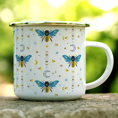 Celestial Bee Pattern Enamel Camping Coffee Mug, Honeycomb Moon Stars Gift Cup for Friend Coworker Women (12oz)...