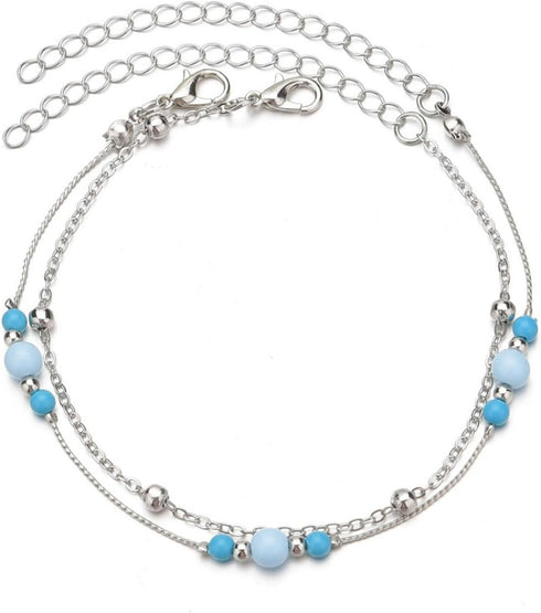 Bohemian Layered Blue Bead Anklet for Women Round Bead Ankle Bracelets Vintage Station Ball Anklets Silver Ball Anklets Chain Bracelet Summer Beac...
