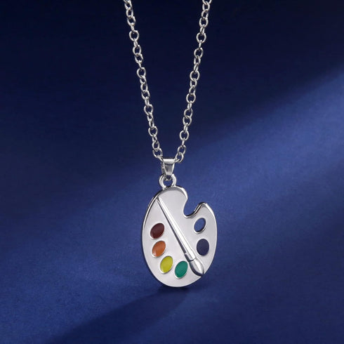 Trendy Enamel Artist Paint Palette and Brush with Thin Pendant Necklace Gifts Jewelry for Women & Girls...