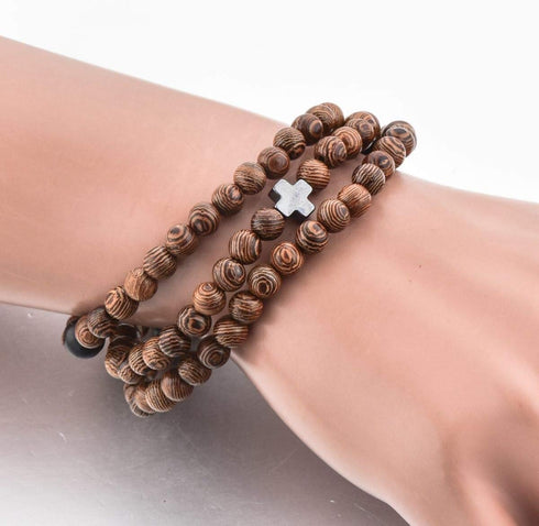 Christian Prayer Beads Rope Bracelet | Wooden Beads + Hematite Cross | Women Men Children | Great Gift for any Occasion!...