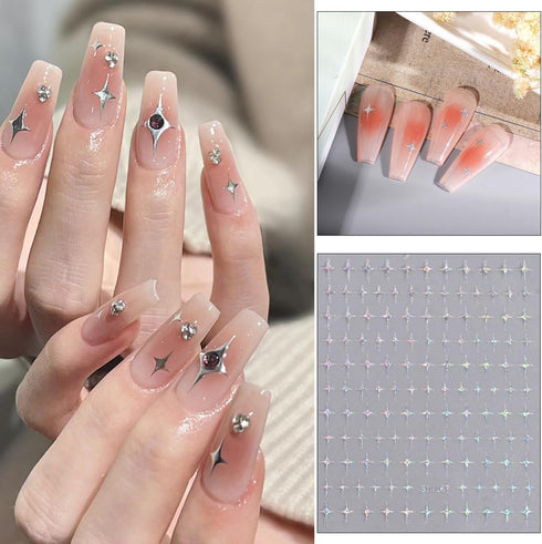 6 Sheets Star Nail Stickers 3D Star Nail Supplies Self Adhesive Black and White Star Nail Art Stickers Star Nail Design Laser Gold Flash Star Nail...