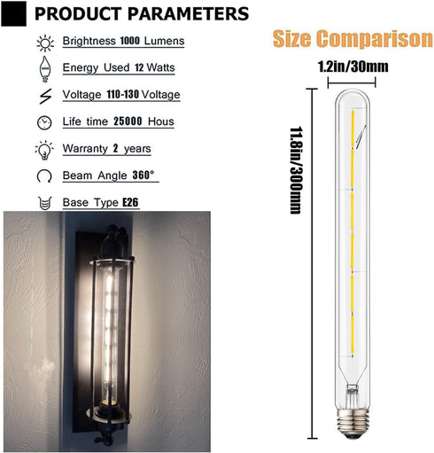 Leools T300 Dimmable Led Tubular Bulb 6W,Long Tube Edison Led Vintage Filament Bulb,60W Equivalent,4000K Daylight,Clear Glass,Cover E26 Medium Bas...