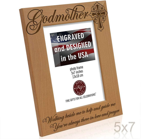 KATE POSH - Godmother Engraved Natural Wood Picture Frame, Cross Decor, Gift from Godchild, Baptism, Religious Catholic Thank You (5" x 7" Vertica...