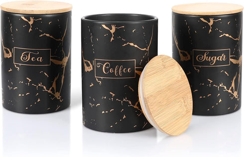 Black Kitchen Ceramic Canister Set - 1178 ML(39.83 OZ) Airtight Set of 3 Coffee Sugar Tea Storage Canisters With Airtight Lid For Food Storage,Sto...