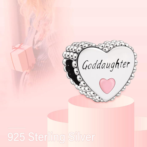 Goddaughter Heart Charms 925 Sterling Silver Bead with Pink Enamel for Bracelets...