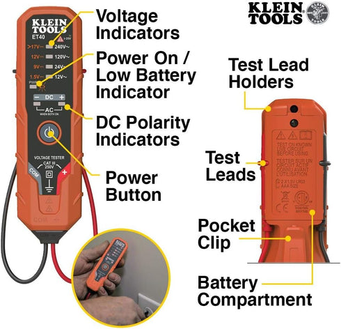 Klein Tools ET40 Digital AC/DC Voltage Tester, 12-240V AC, 1.5-24V DC, LED Illumination, DC Polarity, Auto Off, CATIII 250V-Class 2- Double Insula...