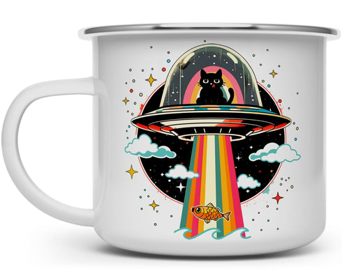 Retro UFO Cat Fish Abduction Extraterrestrial Paranormal Enamel Campfire Mug, Fun Outdoor Camping Coffee Cup (16oz)...