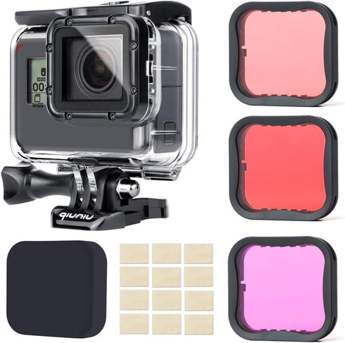 Waterproof housing case for GroPro Hero 5 6 7 Black action camera with underwater photography filters - Red, Light Red and Magenta; Straight-in De...