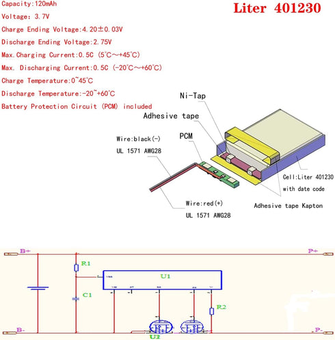 3.7V Lipo Battery 120mAh Rechargeable Lithium ion Polymer Battery 401230 Lithium Polymer ion Battery with Two Lines...