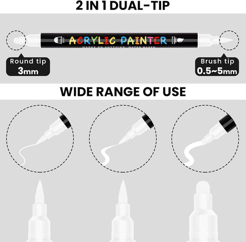 White Paint Marker, 8 Pack Dual Tip Acrylic Paint Pens with Medium Tip and Brush Tip, Ideal for Wood, Rock Painting, Canvas, Stone, Glass, Ceramic...