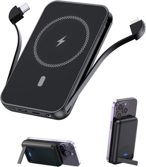 for Magnetic Power Bank, 6800mAh Wireless Portable Charger with PD30W Fast Charging, Mag-Safe Battery Pack Built-in 2 Output Cables for iPhone 15/...