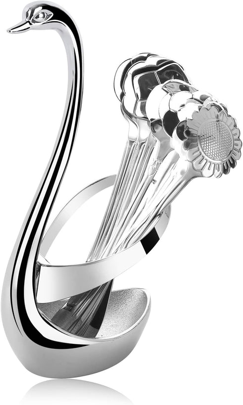 AnSaw Silver Small Swan Base Holder With Silver 8 Pcs Flower Spoon Set,Stainless Steel Reusable Tea Scoops Stirring Spoon Coffee Spoon...