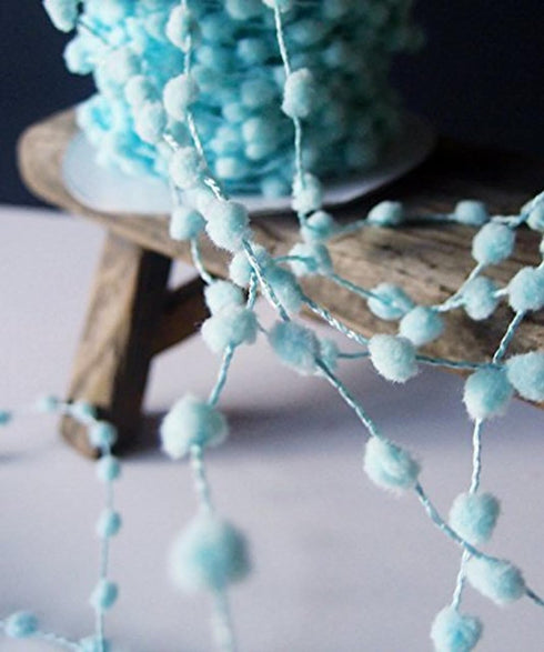 AK TRADING CO. 25 Yards Fuzzy Pom Pom Wired Trim Ribbon Lace - Aqua...