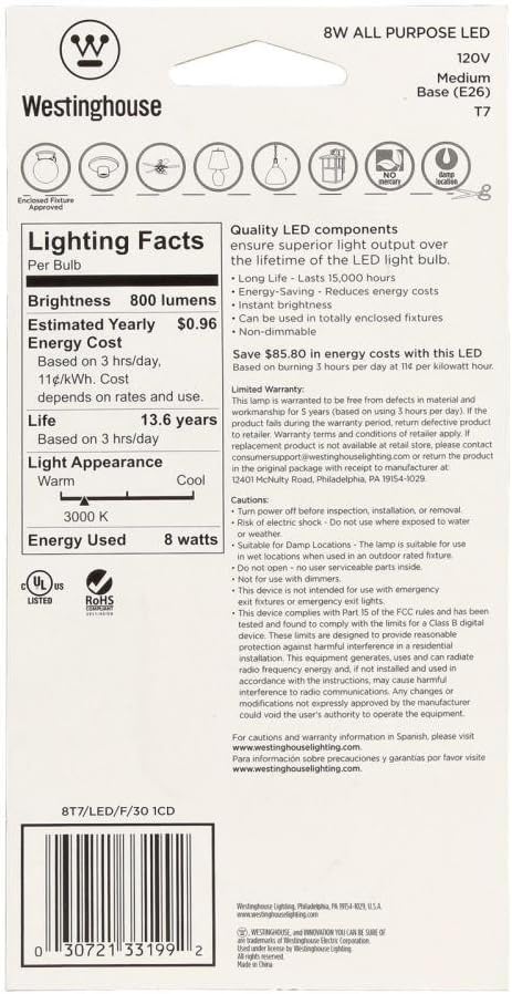 Westinghouse 3319920 60-Watt Equivalent T7 Bright White LED Light Bulb with Medium Base, Frost, 4 Count (Pack of 1)...