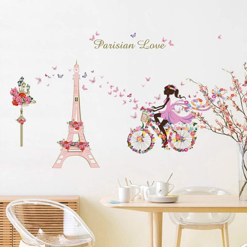 Girl Bicycle Wall Stickers Flowers Eiffel Tower Wall Decals Mural for Kids Bedroom Living Room...