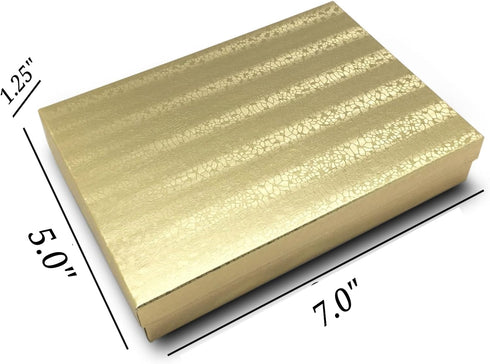 RJ Displays 6 Pack Gold Foil Paper Cotton Filled Lidded Jewelry Gift Box Necklace, Belt Buckle, Pendant, Brooch, Bracelet, Bangle, anklet Size- 7"...