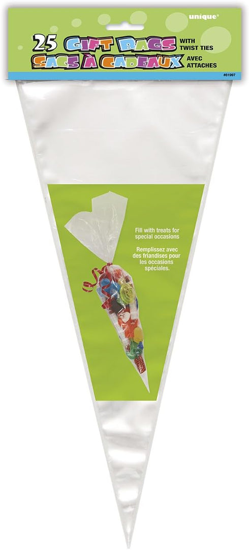 Clear Cellophane Cone Bags - Pack Of 25 - Large & Transparent Packaging For Treats, Gifts & Parties...