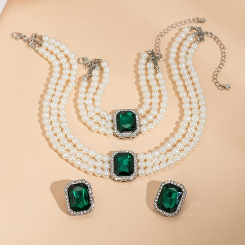 Vintage 4pcs Pearl Gemstone Choker Necklaces Earrings Bracelet Set 1920s Costume Party Pearl Jewelry Multilayer Gemstone Rhinestone Elegant Bridal...