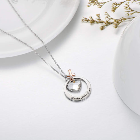 AOBOCO Two-Tone Sterling Silver and Rose Gold or Gold-Faith Hope Love Cross Charm Pendant Necklace with Austrian Crystal...