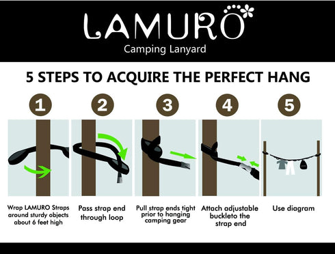 Campsite Storage Strap with 19 Separated Loops for Hanging Camping Equipment, Gear and Supplies | Includes Carabiner Hooks and Clothes Pins | Dura...