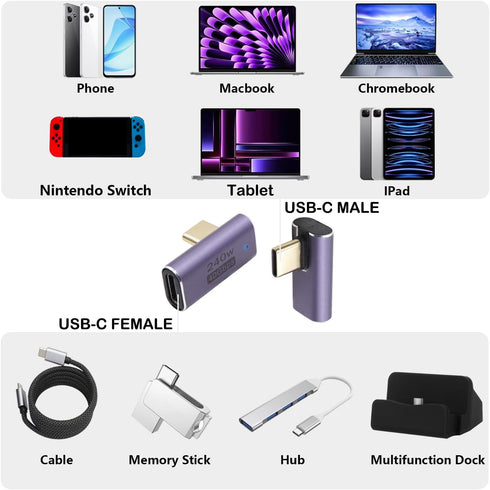RIIEYOCA 8K 90 Degree USB C 4.0 Male to Female Adapter, 240W 40Gbps Transmission Speed 8K 60HZ, LED Lights Designed for Tablets, Laptops, Phones, ...
