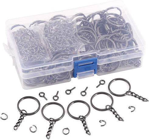 Swpeet 450Pcs 1 Inch 25mm Black Flat Key Chain Rings Kit, Including 150Pcs Split Keychain Rings with Chain and 150Pcs Jump Ring with 150Pcs Screw ...