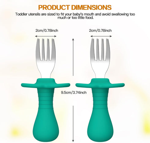 2 Pcs Baby Forks Toddler Forks for Self Feeding, Kids Forks with Silicone Round Handle, Stainless Steel Toddler Utensils Children Safe Silverware ...