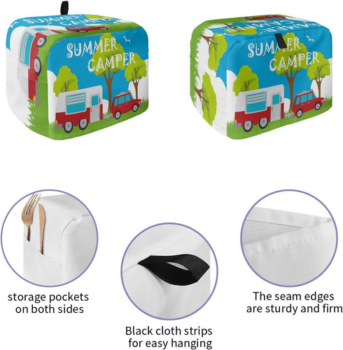 Toaster Cover 4 Slice, Summer Holiday Happy Camping Camper Design Bread Maker Cover Toaster Dust Cover with Pockets, Dust-Proof Cover for Kitchen ...