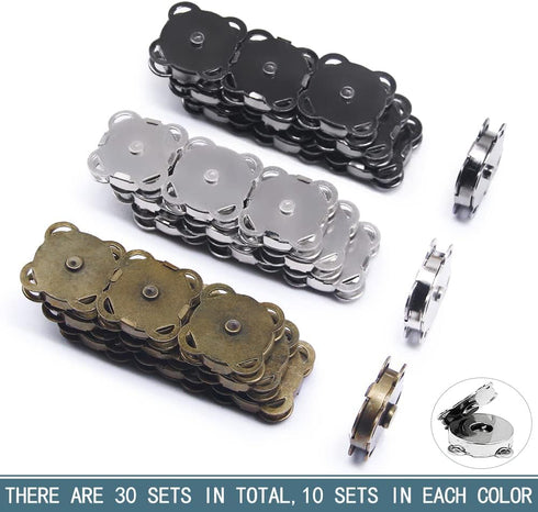 SEMINI 30 Sets Magnetic Snaps Button for Purse Handbag Wallet Overcoat Bag Mixed 3 Colors Fasteners Snap Buttons (A078 15mm)...