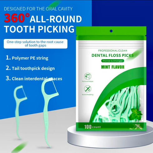 Dental Floss Picks High Toughness Toothpicks Sticks 100 pcs - Ideal for Family, Hotel, and Travel - Oral Hygiene Essential, Green...
