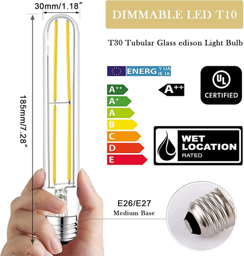 7.3 Inch E26 Led Bulb 60 watt Dimmable,3000K Warm White Edison Bulbs,6W Tubular T10 Long Clear Glass Light Bulb for Rustic Pendant,Industrial Pipe...