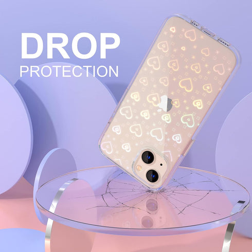 Tksafy Compatible iPhone 13 Case, Clear Cute Glitter Laser Holographic Love Heart Pattern Design for Women Girls, Anti-Yellow Hard PC Shockproof P...