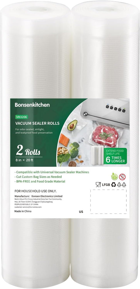 Bonsenkitchen Vacuum Food Sealer Rolls Bags, 2 Packs 8 in x 20 ft, BPA Free, Durable Commercial Customized Size Bags for Storage and Sous Vide Coo...