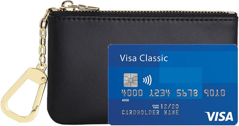 Premium Genuine Full Grain Leather Mini Coin Purse Keychain Pouch Card Holder for Men Women (Black)...