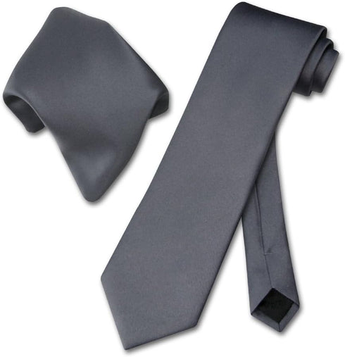 Vesuvio Napoli Solid CHARCOAL GREY Color NeckTie Handkerchief Men's Neck Tie Set, Charcoal Gray Grey, One Size...