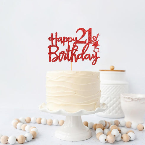 Red Glitter Happy 21st Birthday Cake Topper - 21Sign Cake Topper - Cheers to 21 Years Party Supplies - 21st Birthday Party Decorations...