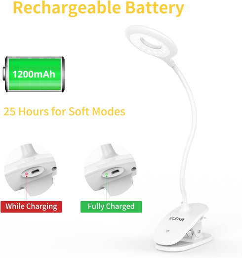 Clip on Light for Bed & Desk, Reading in Bed, Dorm, Flexible Gooseneck, Battery Operated Rechargeable Clamp Lamp for Headboard, Eye-Caring LED Lig...