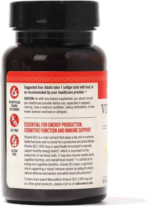 NatureWise Vitamin B12 1000 mcg - B12 Vitamin Supplement for Supporting Energy Levels, Mental Clarity, Nervous System Health - Easy-to-Swallow, Gl...