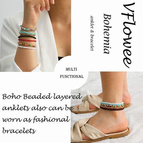 Boho Handmade Beaded African Anklets Multicolor Women Stretch Seed Beads Rainbow Ankle Bracelets Glass Bead Bracelet Elastic Foot and Hand Chain J...