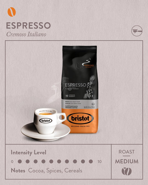 Bristot Espresso Cremoso Italiano Ground Coffee – Medium Roast, Rich & Smooth – 8.8oz (250g) Bag – Italian Ground Espresso for Home Machines...