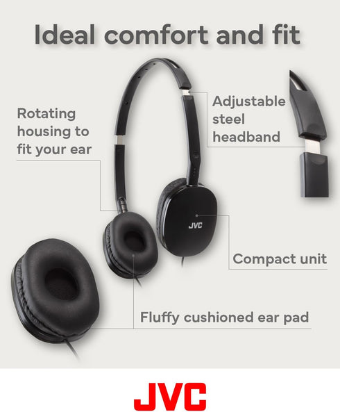 JVC Black Flat Foldable Colorful Flats On Ear Headphones with Remote and Microphone, 3.94 Foot Gold Plated 3.5mm Slim Plug - HAS160MB, Adjustable....