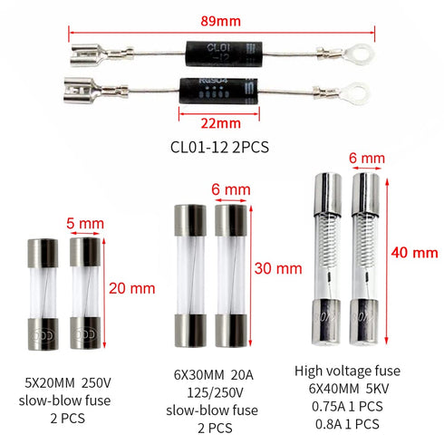 Home Microwave Oven Repair Replacement Parts Kits, HV Capacitor 2100V 1.0uF, Diode CL01-12, 5x20mm Slow Blow Fuse, 6x30mm Slow Blow Fuse 20A, 6X40...