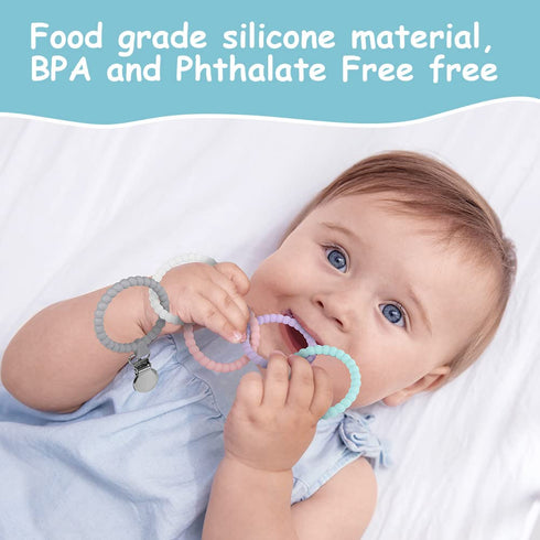 Silicone Baby Teether Links, Cutie Baby Teething Toys with Pacifier Clip, Multi Use Baby Teether Rings, Food Grade Silicone Attachable Teether Che...