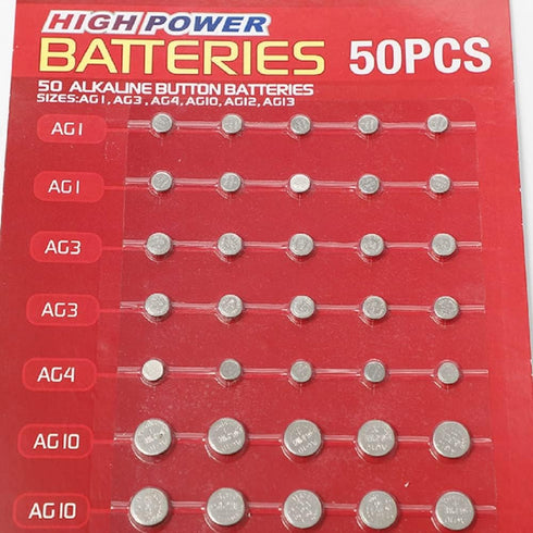 Cotchear 50pcs Alkaline Cell Batteries Assorted 1.5 Volt AG1/LR621 AG3/LR41 AG4/LR626 AG10/LR1130 AG12/LR43 AG13/LR44 Coin Batteries Set 0% Mercur...