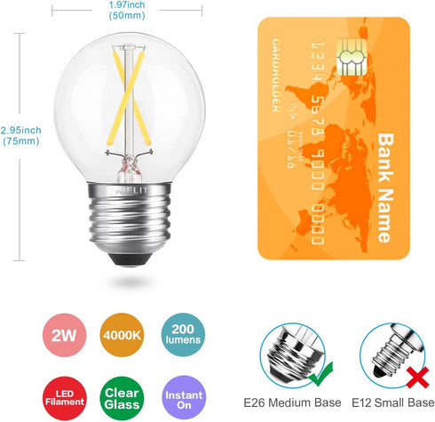 E26 LED Globe Bulb Dimmable, 2W(25-Watt Equivalent), Natural White 4000K, A15/A50 E26 Base LED Edison Light Bulbs for Hanging Lamp Chandelier Pend...