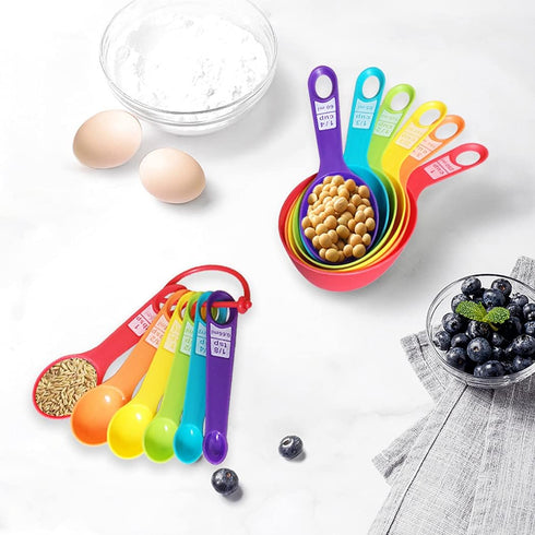 12 Piece Measuring Cups and Spoons Set, Colored Kitchen Measure Tools, Durable Nesting Cups and Spoons for Dry and Liquid, Dishwasher Safe...