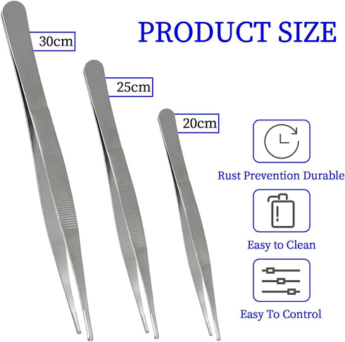 3Pcs Stainless Steel Tweezer Set (8" 10" 12"), Long Tweezers with Precision Serrated Straight Tips, Non-slip Multitool Tweezer for Cooking, Repair...